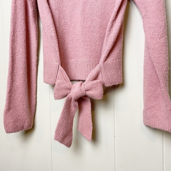 WAYF Tie Waist Sweater new NWT blush rose pink medium crew high neck wool bow - Picture 3 of 9